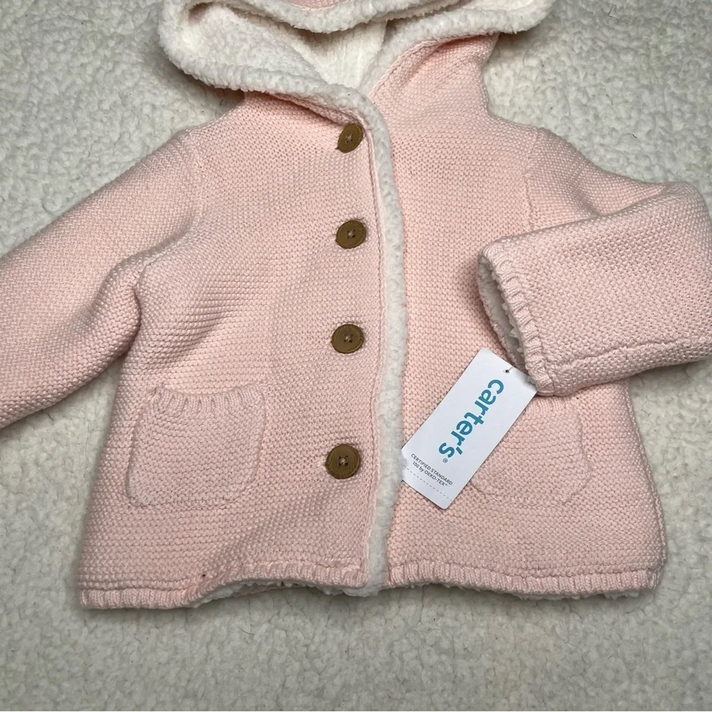 NEW Carters Baby Girl Pink Hooded Fleece Lined Knit Jacket Size 12 Months
